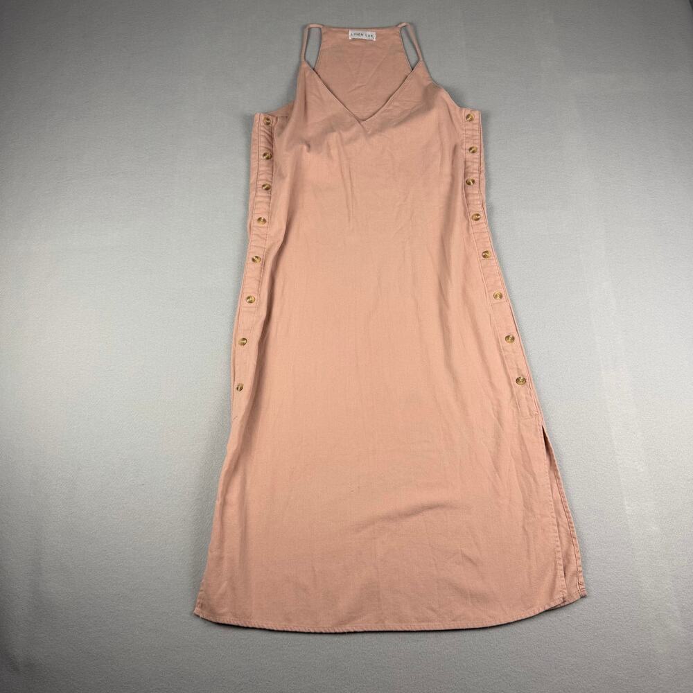 Linen Lux Pink Linen Blend Button Side Midi Dress L
